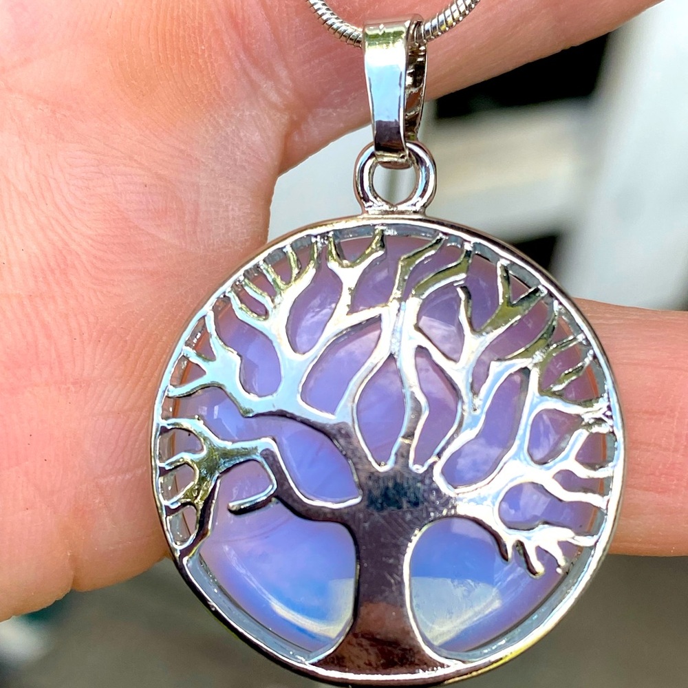 Rainbow Fire Moonstone Crystal Tree of Life Pendant Necklace with Silver Chain